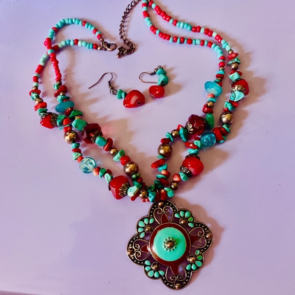 Gem & Enamel Pendant Necklace & Earring Set - Festival Wear Hippie - Boho Set - Picture 4 of 14